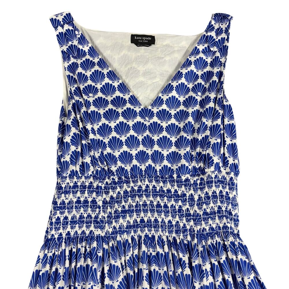 Kate Spade New York XXL Blue White Shell Print Smocked Midi Dress Cotton Pockets - Picture 4 of 11